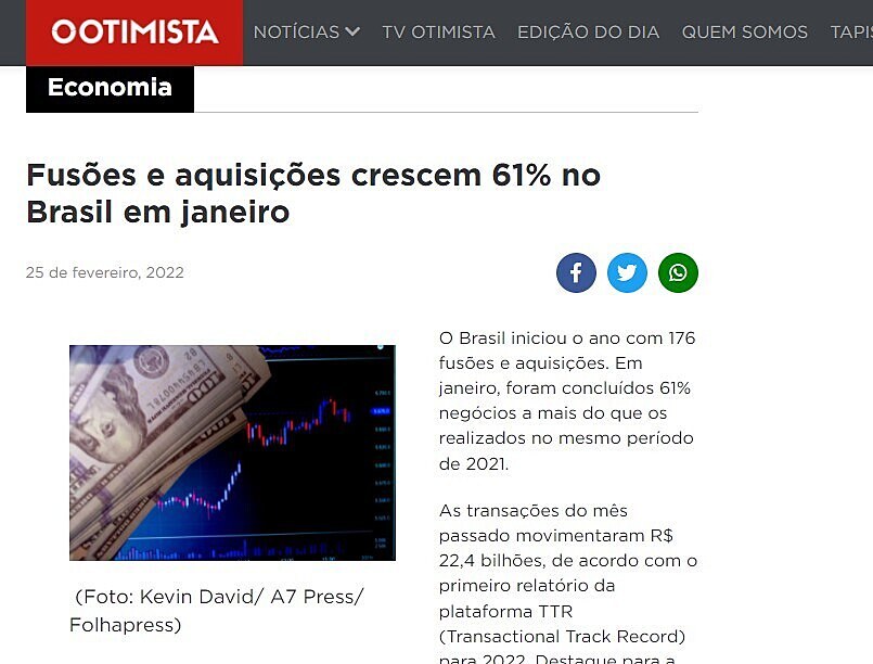 Fuses e aquisies crescem 61% no Brasil em janeiro